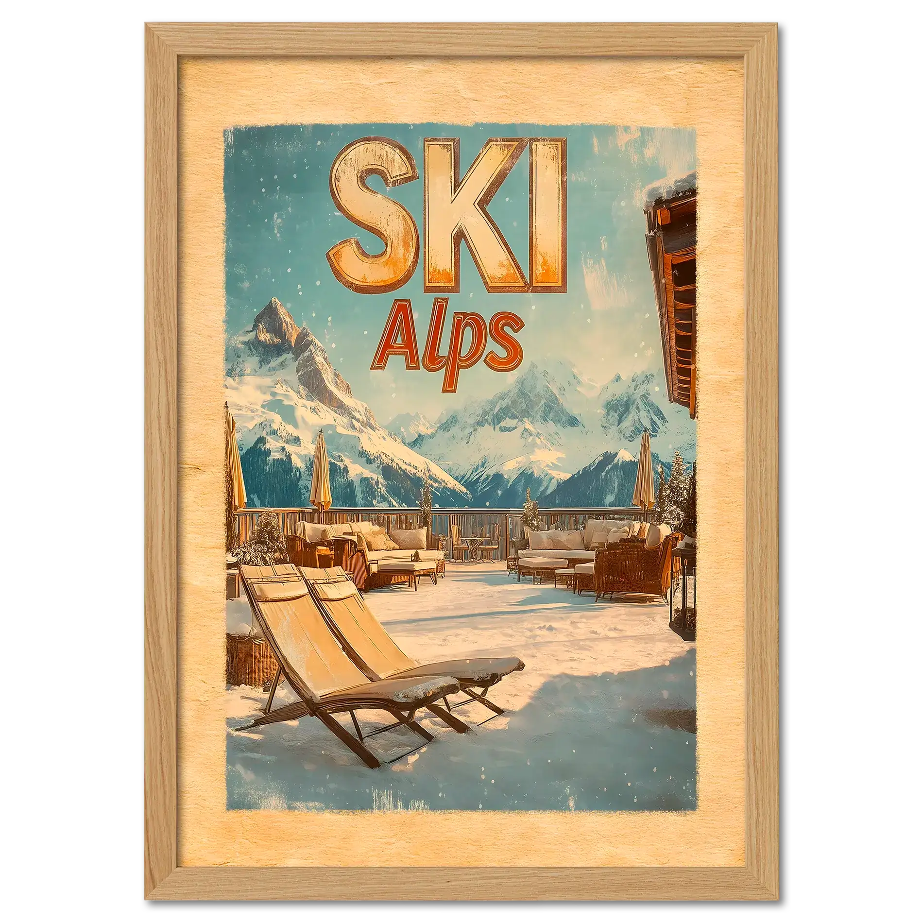 Ski Alps Retreat - Poster featuring lounge chairs on snow with mountain peaks and clear sky.