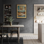 Ski Alps Retreat - Poster framed on a gray wall in a modern kitchen, adding elegance and winter charm to the decor.