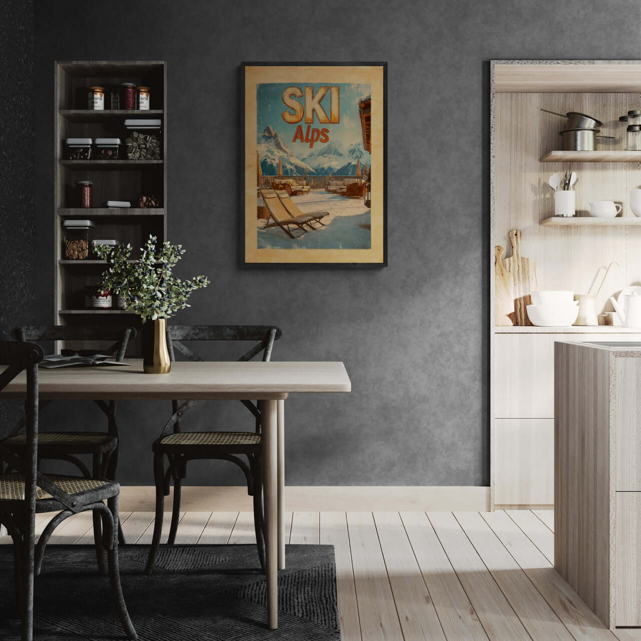 Ski Alps Retreat - Poster framed on a gray wall in a modern kitchen, adding elegance and winter charm to the decor.