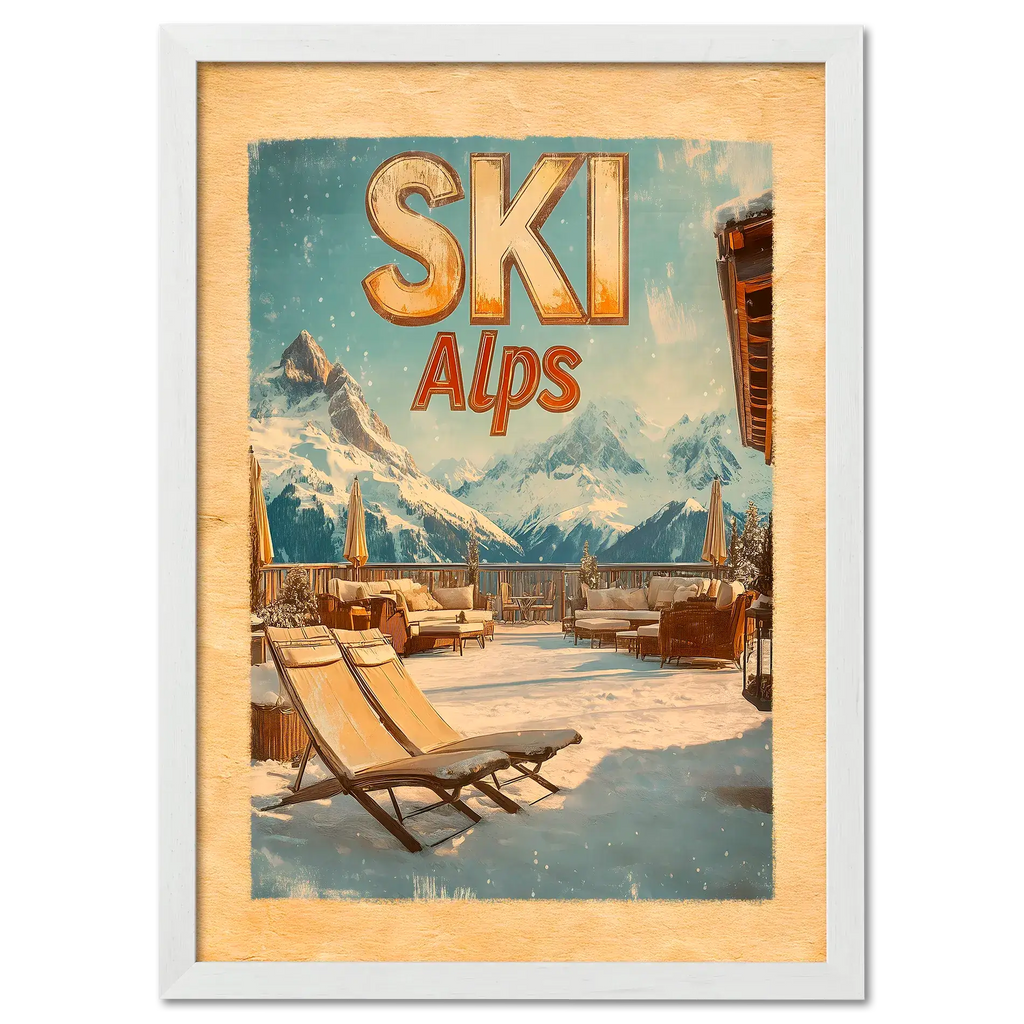 Ski Alps Retreat - Poster featuring an alpine terrace with lounge chairs and snowy mountain peaks under a blue sky.