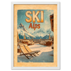 Ski Alps Retreat - Poster featuring an alpine terrace with lounge chairs and snowy mountain peaks under a blue sky.