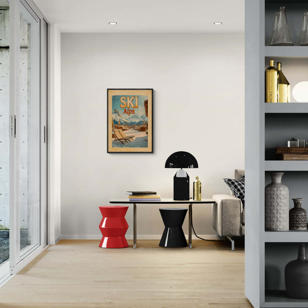 Ski Alps Retreat - Poster displayed in a modern living room with vibrant decor and minimalist furnishings.