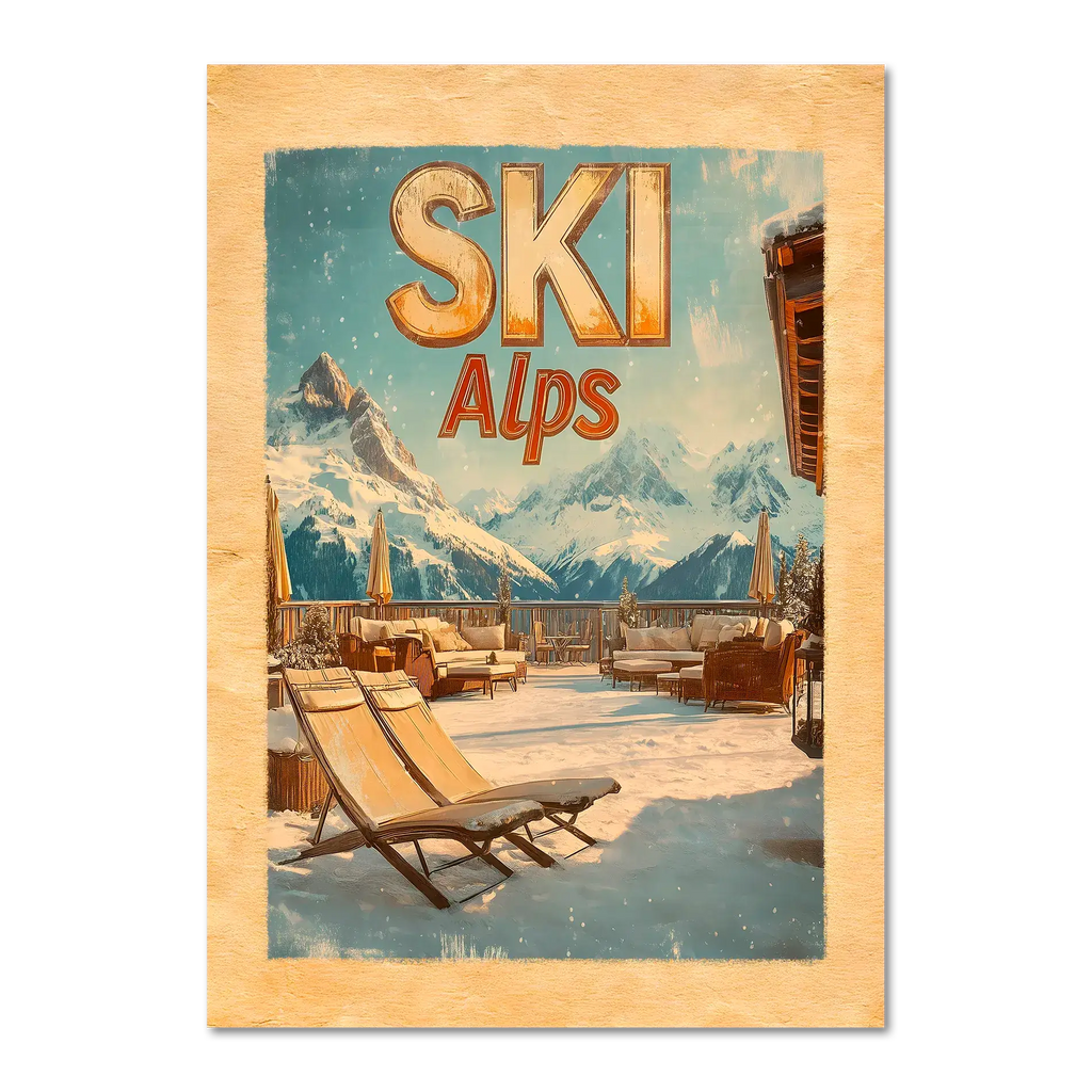 Ski Alps Retreat - Poster featuring lounge chairs on a snowy terrace with majestic mountains in a sunny alpine setting.