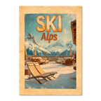Ski Alps Retreat - Poster featuring lounge chairs on a snowy terrace with majestic mountains in a sunny alpine setting.