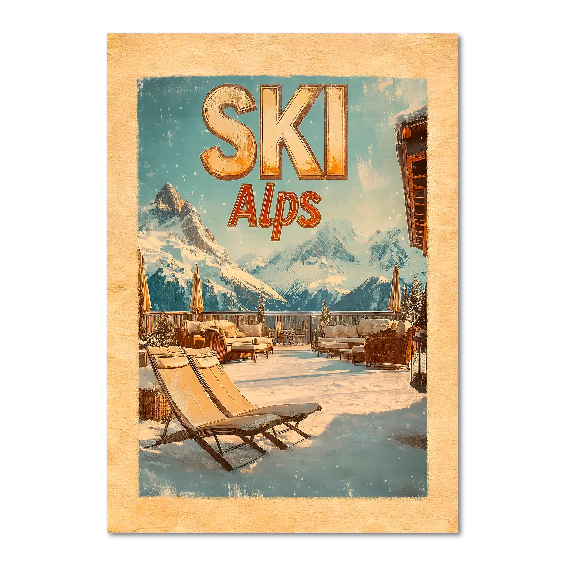 Ski Alps Retreat - Poster featuring lounge chairs on a snowy terrace with majestic mountains in a sunny alpine setting.