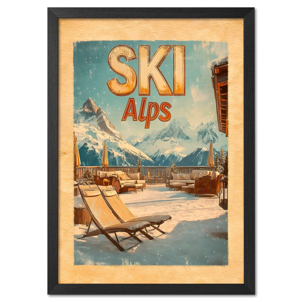 Ski Alps Retreat - Poster featuring a sunny alpine terrace with lounge chairs and snowy mountain peaks in the background.