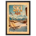 Ski Alps Retreat - Poster featuring a sunny alpine terrace with lounge chairs and snowy mountain peaks in the background.