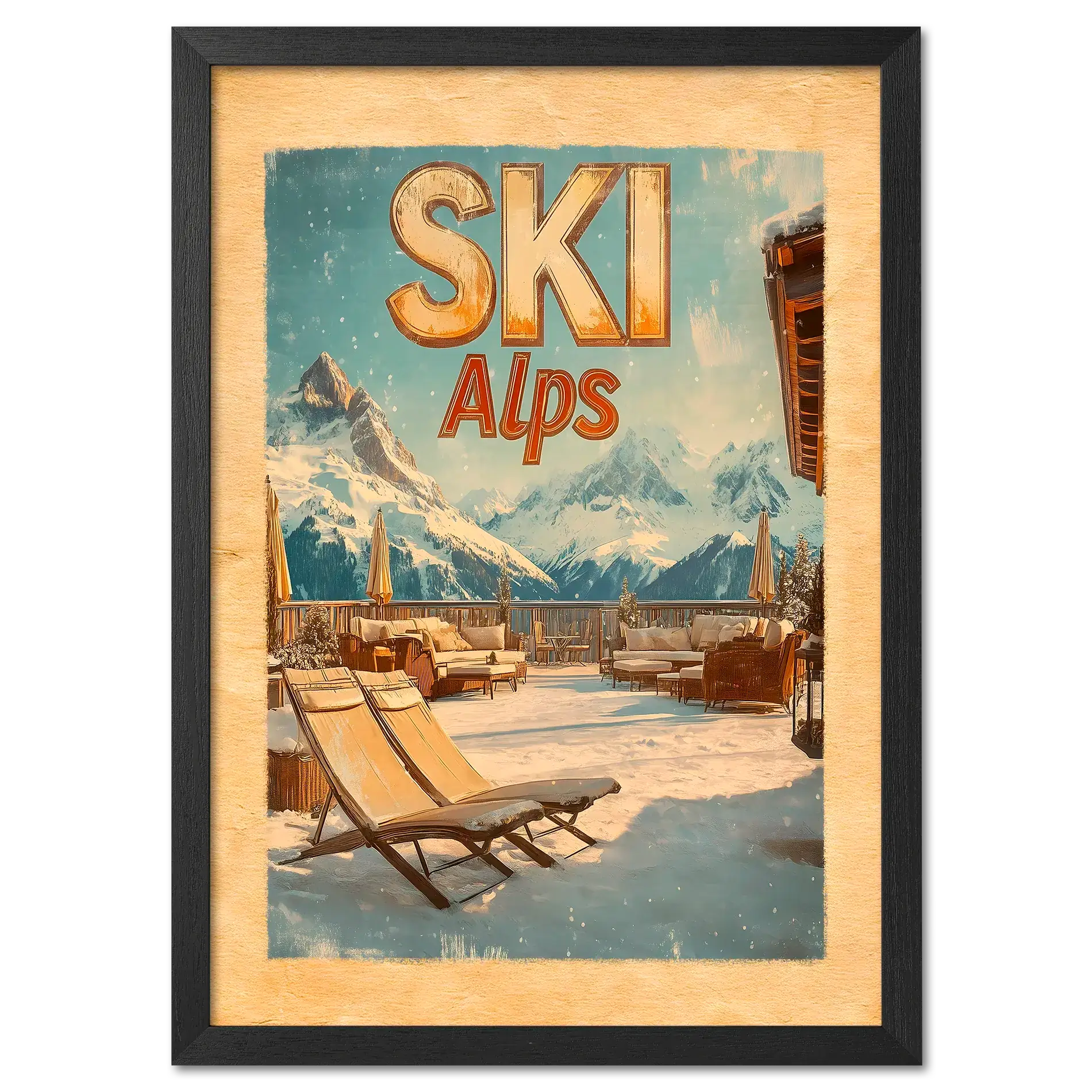 Ski Alps Retreat - Poster featuring a sunny alpine terrace with lounge chairs and snowy mountain peaks in the background.