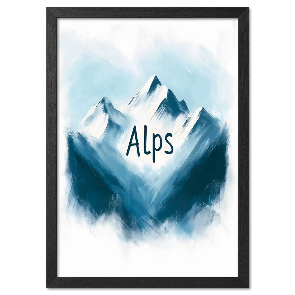 Ski Alps Serenity - Poster showcasing minimalist alpine mountains with soft blue and white tones and the word 'Alps'.