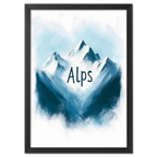 Ski Alps Serenity - Poster showcasing minimalist alpine mountains with soft blue and white tones and the word 'Alps'.
