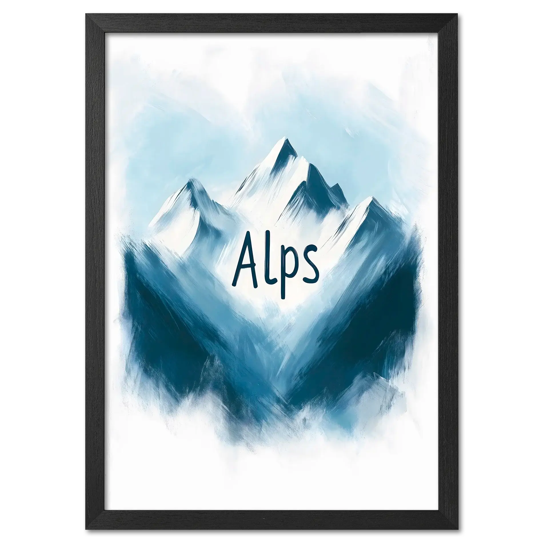 Ski Alps Serenity - Poster showcasing minimalist alpine mountains with soft blue and white tones and the word 'Alps'.