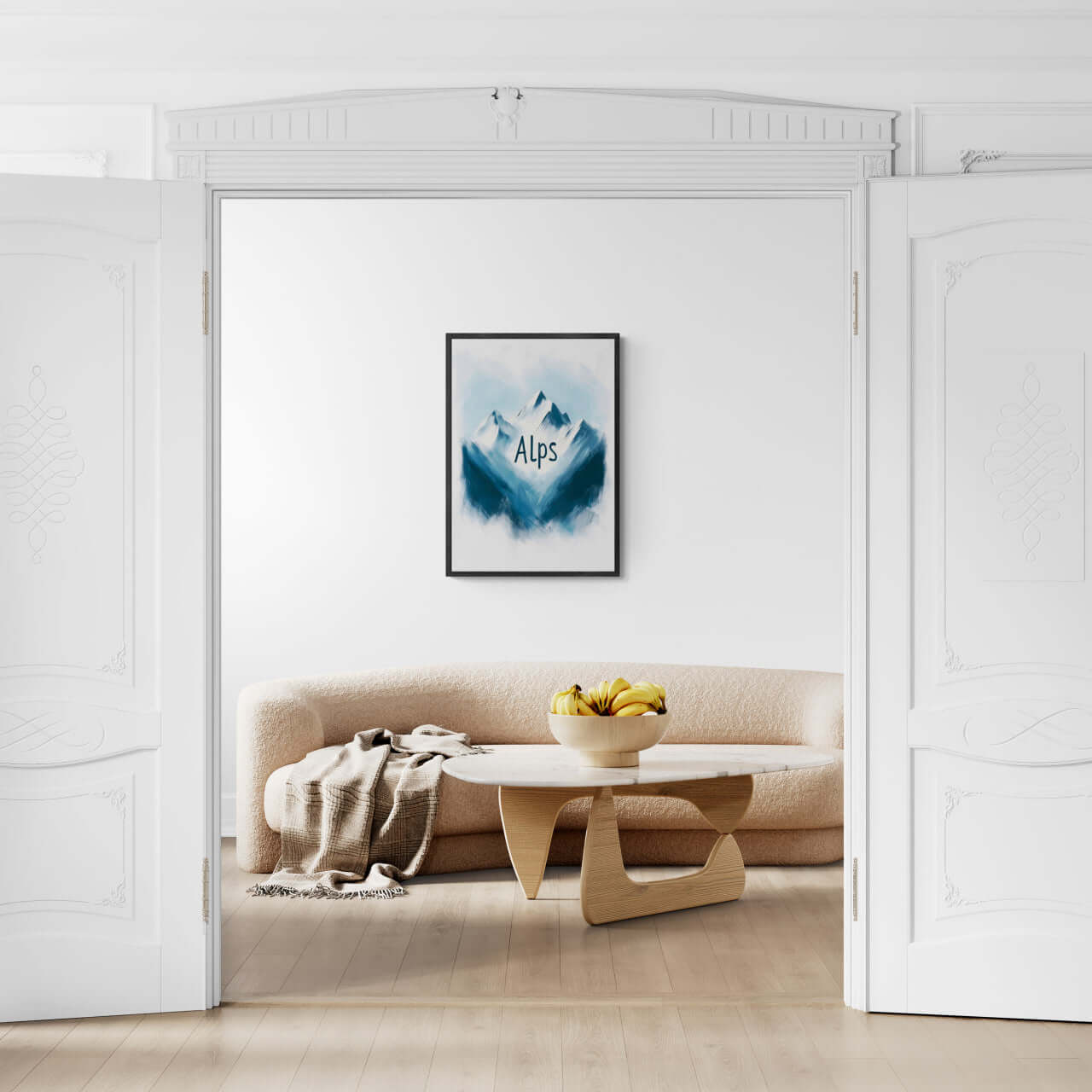 Ski Alps Serenity - Poster featuring minimalist alpine mountains in blue and white tones in modern interior.
