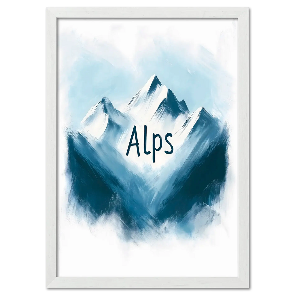 Ski Alps Serenity - Poster featuring minimalist alpine mountains in blue and white with "Alps" text.