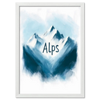 Ski Alps Serenity - Poster featuring minimalist alpine mountains in blue and white with "Alps" text.