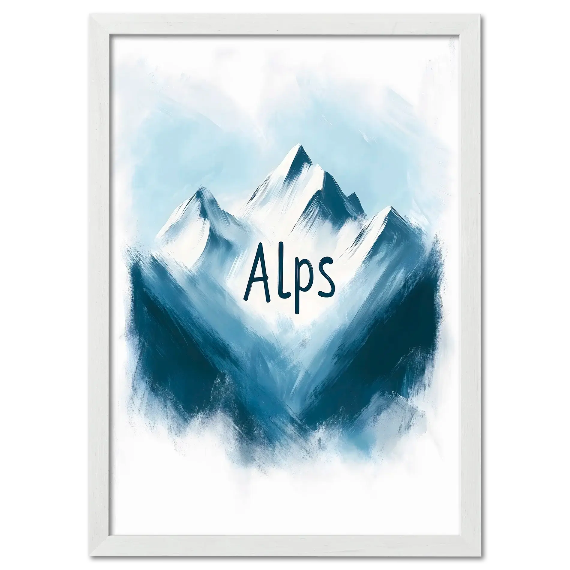 Ski Alps Serenity - Poster featuring minimalist alpine mountains in blue and white with "Alps" text.