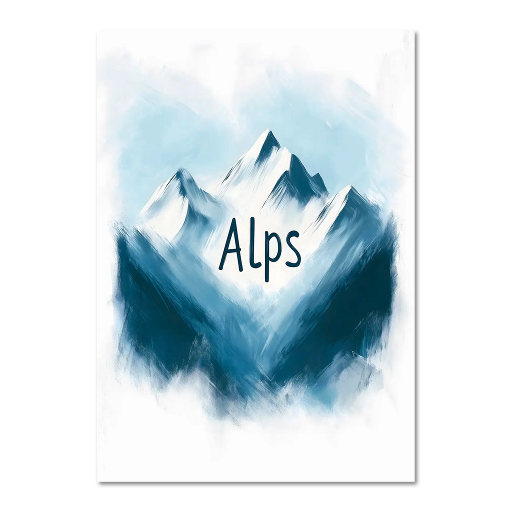 Ski Alps Serenity - Poster featuring minimalist alpine mountains in blue and white with 'Alps' text.