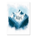 Ski Alps Serenity - Poster featuring minimalist alpine mountains in blue and white with 'Alps' text.