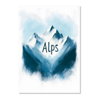 Ski Alps Serenity - Poster featuring minimalist alpine mountains in blue and white with 'Alps' text.