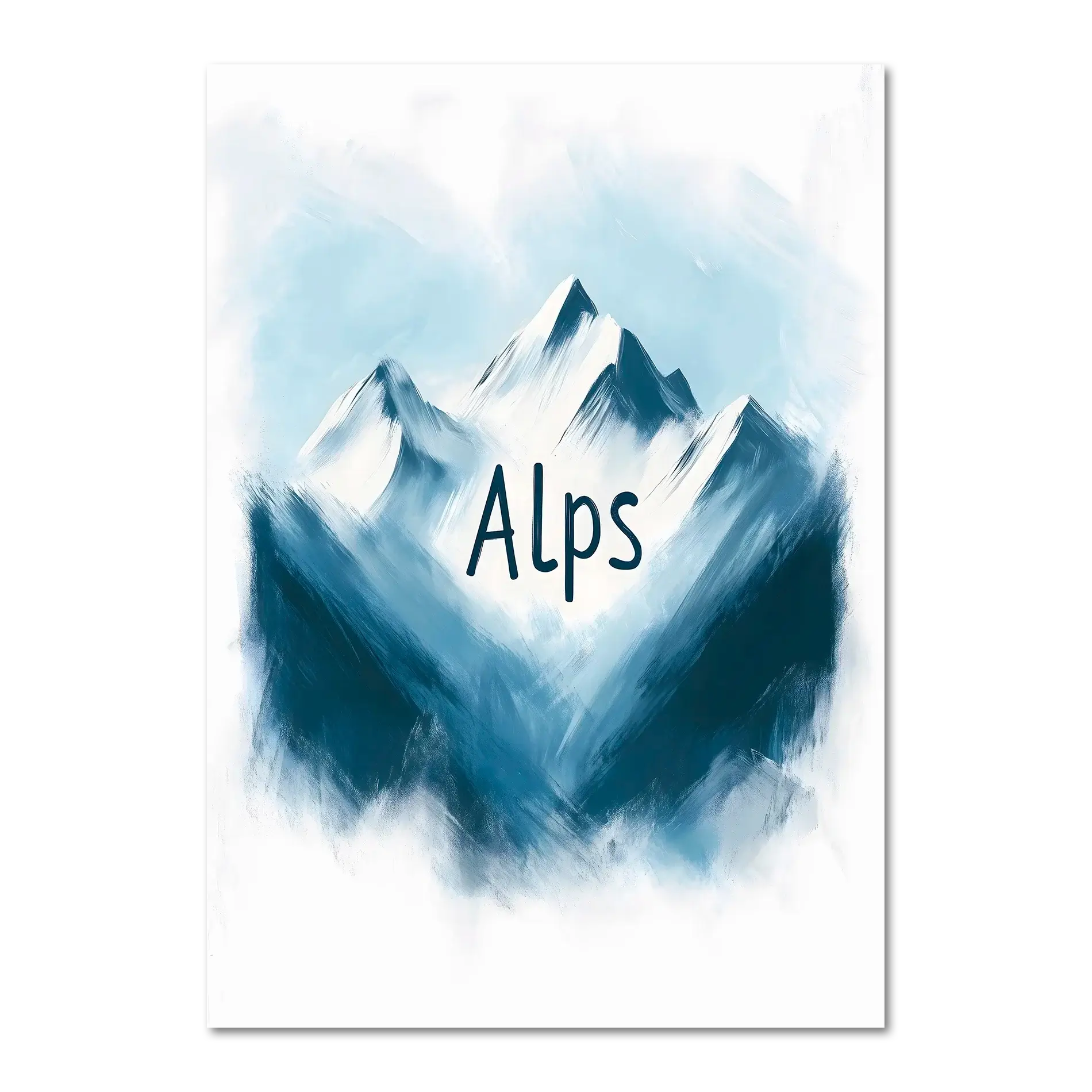 Ski Alps Serenity - Poster featuring minimalist alpine mountains in blue and white with 'Alps' text.