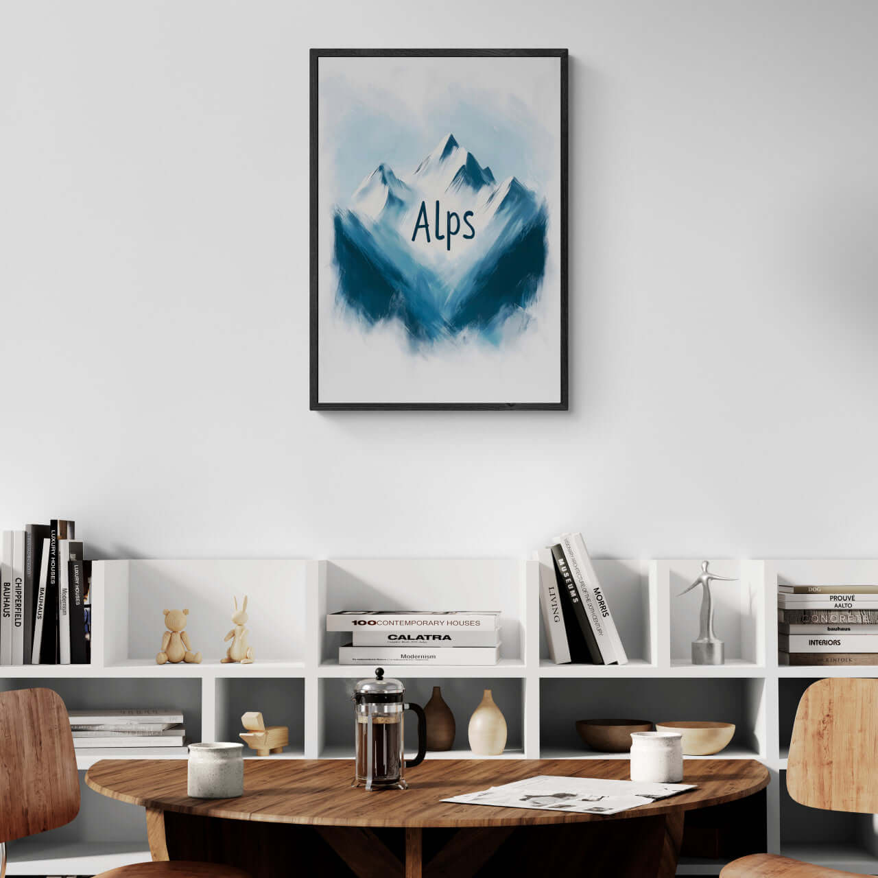 Ski Alps Serenity - Poster in a modern interior, showcasing minimalist alpine mountains in soft blue and white tones.