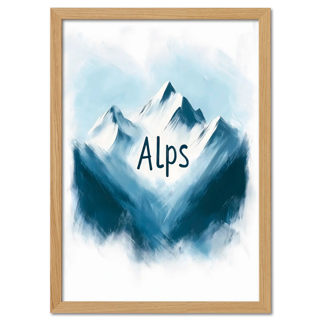 Ski Alps Serenity - Poster featuring minimalist alpine mountains and the word 'Alps' in soft blue and white tones.