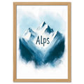 Ski Alps Serenity - Poster featuring minimalist alpine mountains and the word 'Alps' in soft blue and white tones.