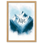 Ski Alps Serenity - Poster featuring minimalist alpine mountains and the word 'Alps' in soft blue and white tones.