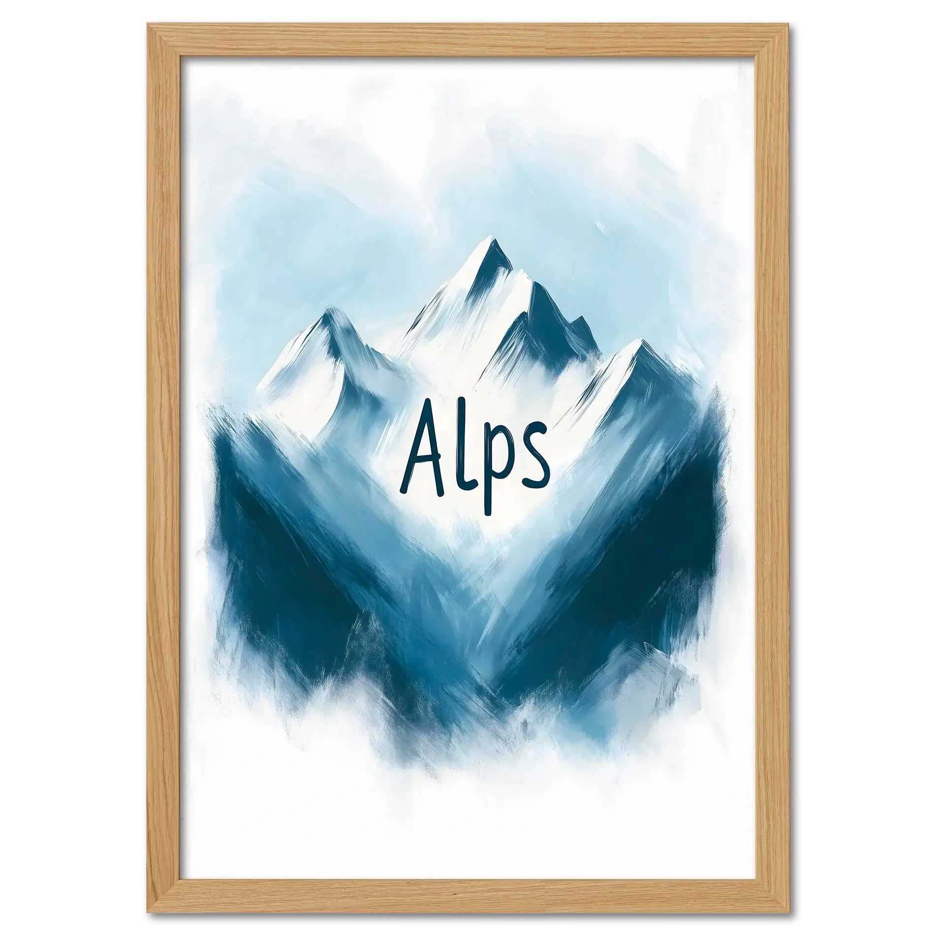 Ski Alps Serenity - Poster featuring minimalist alpine mountains and the word 'Alps' in soft blue and white tones.