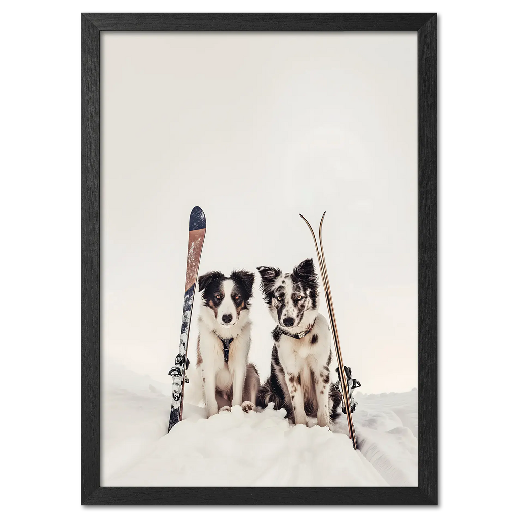 Ski Dogs - Poster featuring two dogs in snow with vintage skis, perfect wall art for dog lovers.