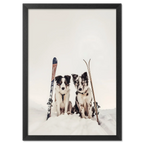 Ski Dogs - Poster featuring two dogs in snow with vintage skis, perfect wall art for dog lovers.