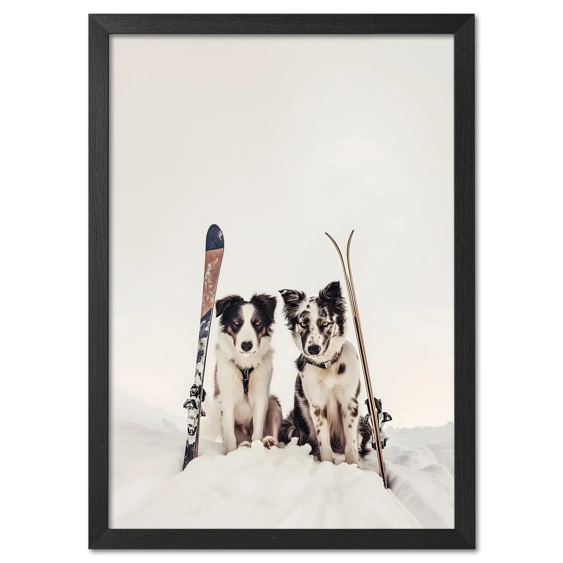 Ski Dogs - Poster featuring two dogs in snow with vintage skis, perfect wall art for dog lovers.
