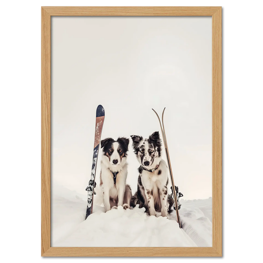 Ski Dogs - Poster featuring two dogs with skis in snow, perfect wall art for ski and dog lovers.