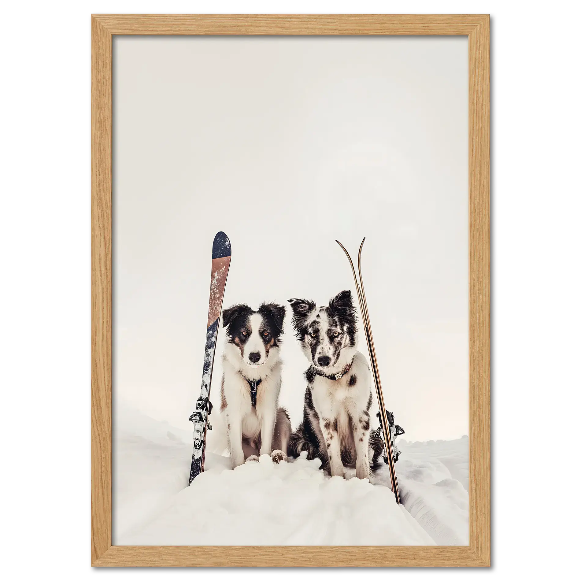 Ski Dogs - Poster featuring two dogs with skis in snow, perfect wall art for ski and dog lovers.