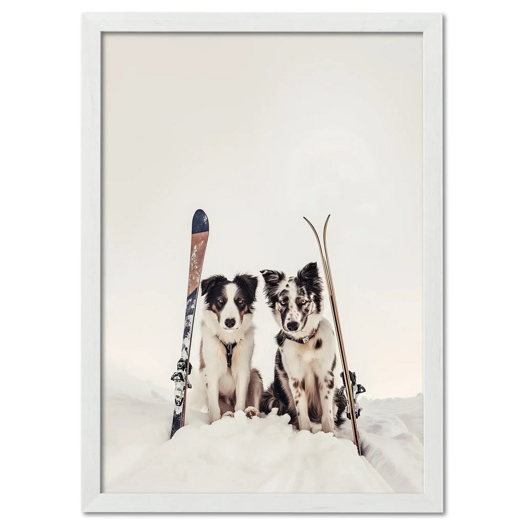 Ski Dogs - Poster featuring two dogs in snow, vintage skis, perfect wall art for dog lovers.