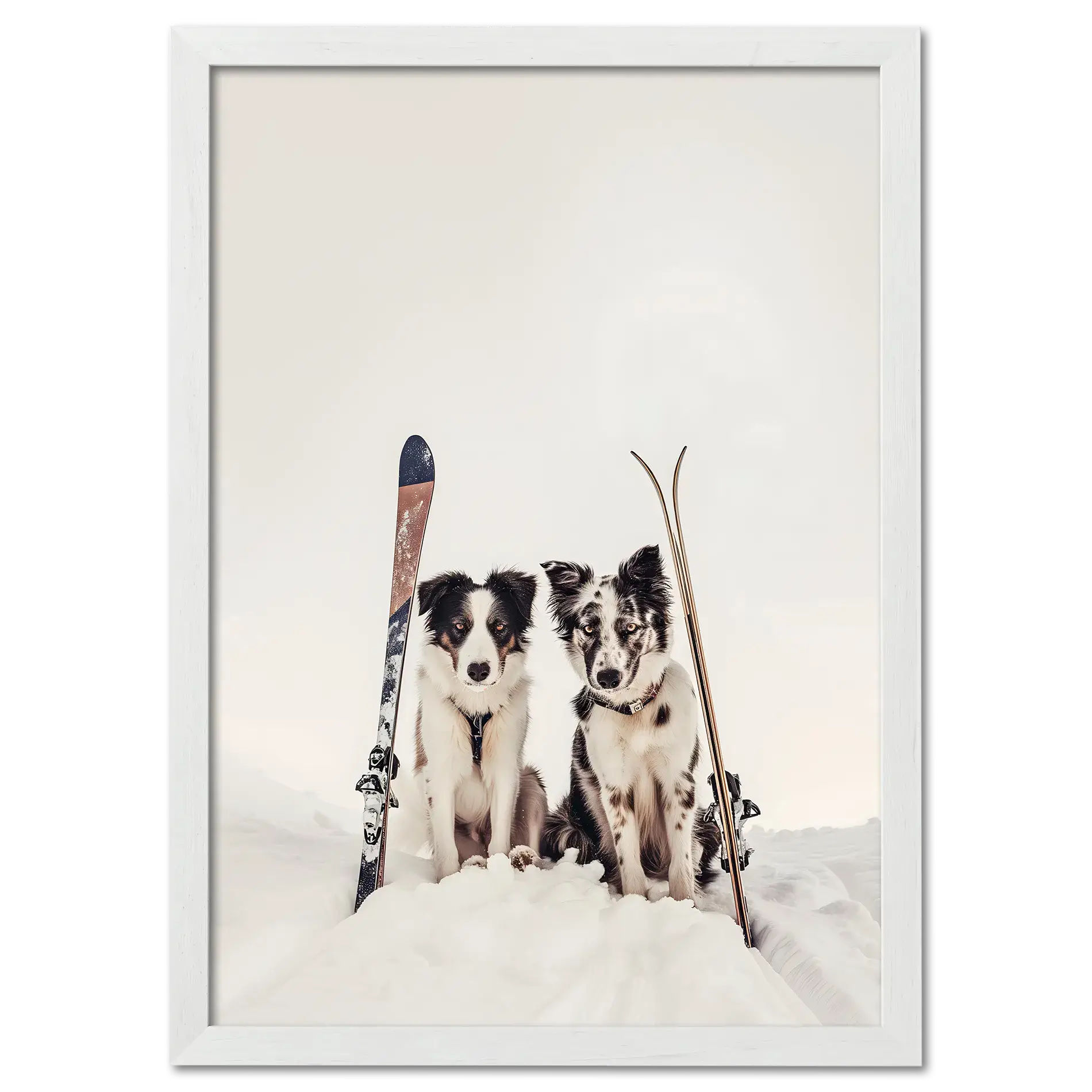 Ski Dogs - Poster featuring two dogs in snow, vintage skis, perfect wall art for dog lovers.