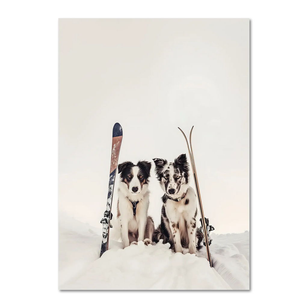 Ski Dogs - Poster featuring two dogs in snow with vintage skis, perfect wall art for dog lovers.