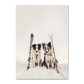 Ski Dogs - Poster featuring two dogs in snow with vintage skis, perfect wall art for dog lovers.