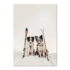 Ski Dogs - Poster featuring two dogs in snow with vintage skis, perfect wall art for dog lovers.
