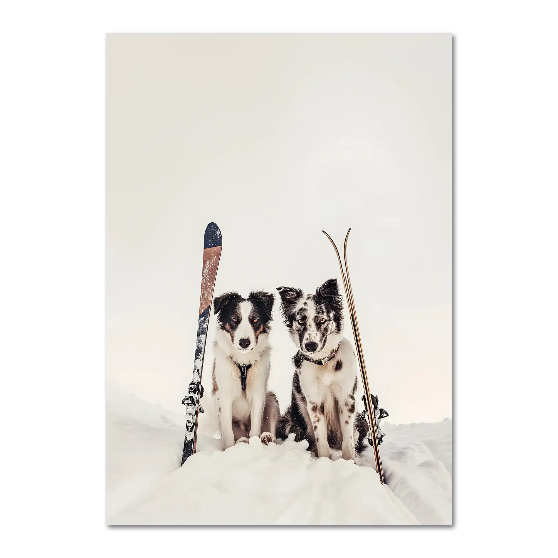 Ski Dogs - Poster featuring two dogs in snow with vintage skis, perfect wall art for dog lovers.
