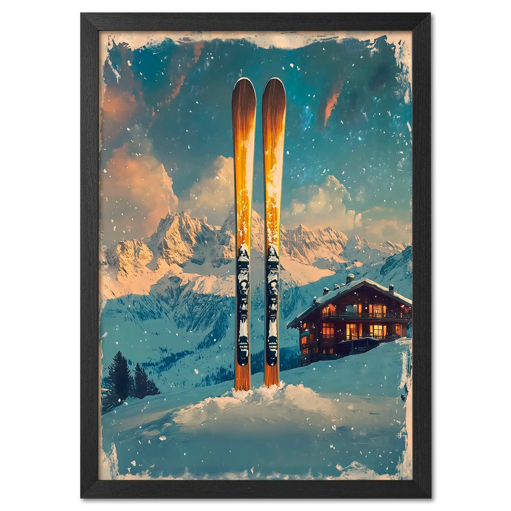 Ski into Serenity - Poster featuring wooden skis in snow with a chalet and mountains in the background, evoking a peaceful winter scene.