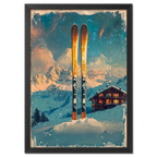 Ski into Serenity - Poster featuring wooden skis in snow with a chalet and mountains in the background, evoking a peaceful winter scene.
