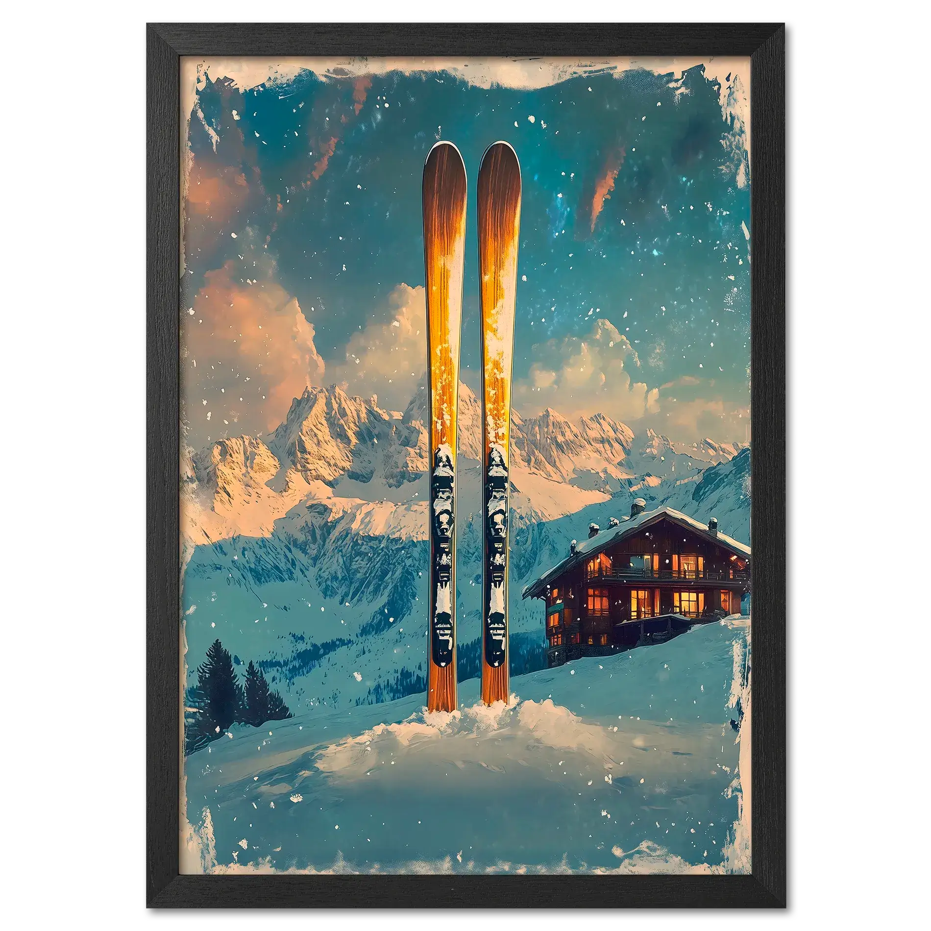 Ski into Serenity - Poster featuring wooden skis in snow with a chalet and mountains in the background, evoking a peaceful winter scene.
