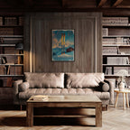 Ski into Serenity - Poster displayed in a cozy living room with a wooden sofa and bookshelves.