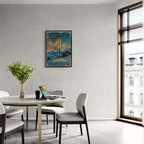 Ski into Serenity - Poster displayed in a modern dining room, enhancing the cozy winter atmosphere of the space.