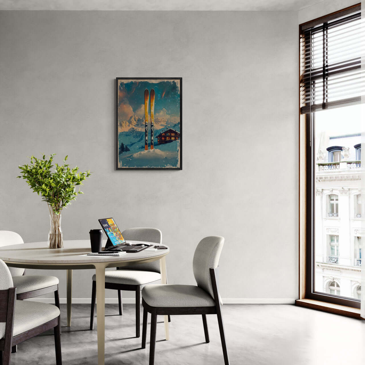 Ski into Serenity - Poster displayed in a modern dining room, enhancing the cozy winter atmosphere of the space.