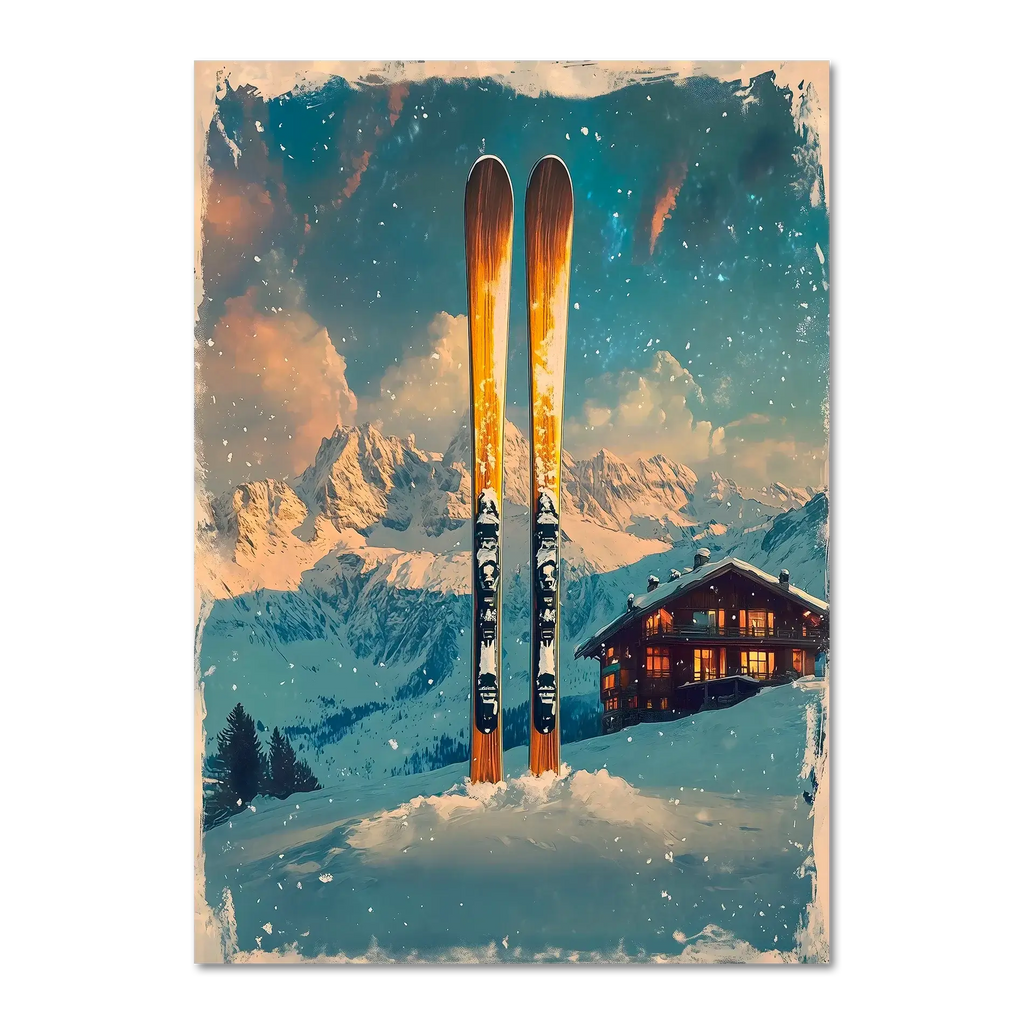 Ski into Serenity - Poster featuring wooden skis in snow, alpine mountains and a cozy chalet under a soft snowfall.