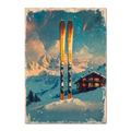 Ski into Serenity - Poster featuring wooden skis in snow, alpine mountains and a cozy chalet under a soft snowfall.