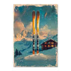 Ski into Serenity - Poster featuring wooden skis in snow, alpine mountains and a cozy chalet under a soft snowfall.