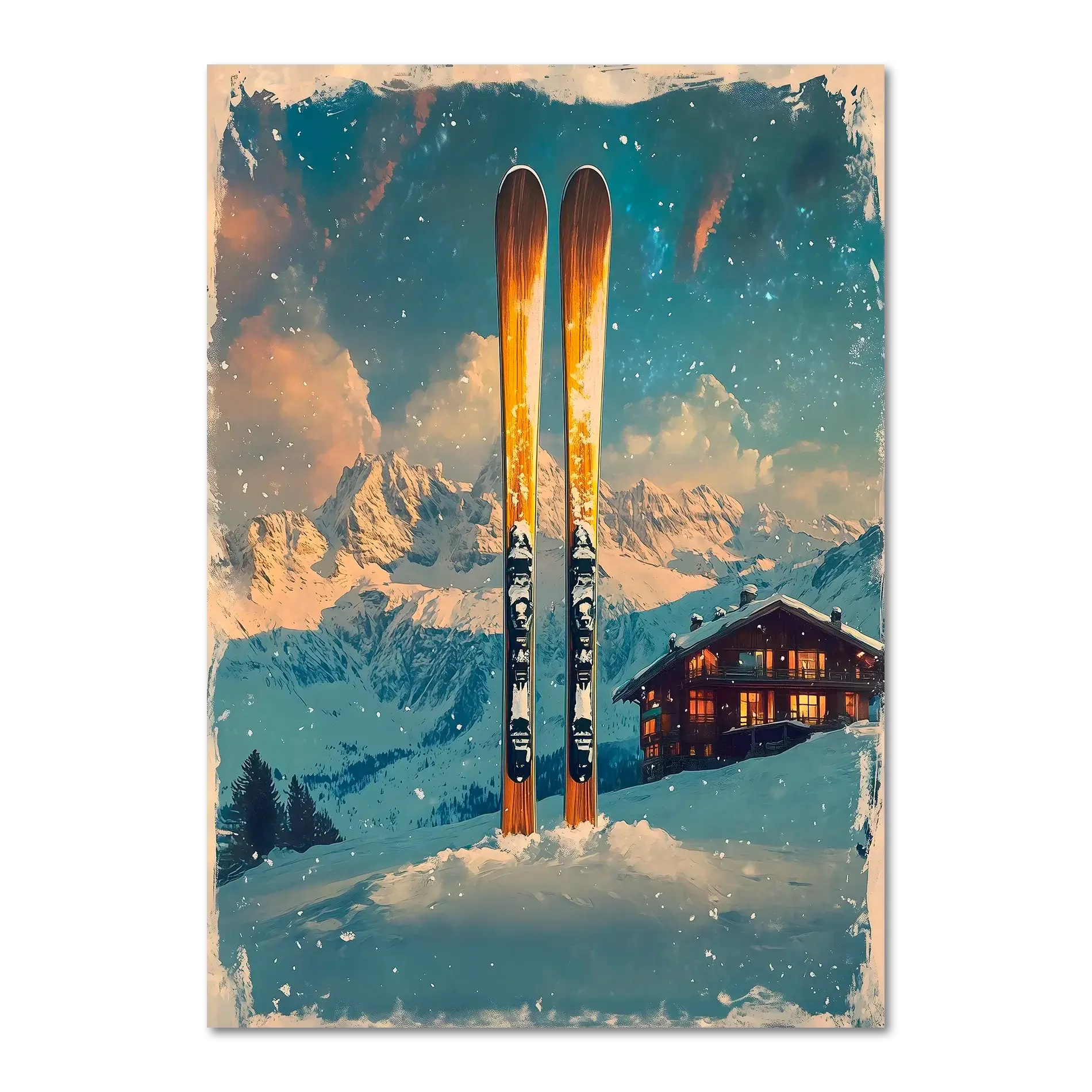 Ski into Serenity - Poster featuring wooden skis in snow, alpine mountains and a cozy chalet under a soft snowfall.