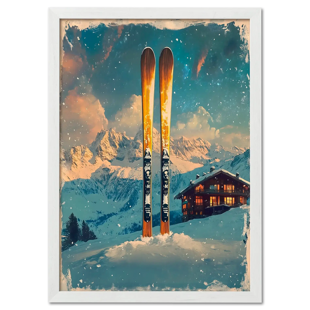 Ski into Serenity - Poster featuring wooden skis in snow with mountains and a cozy chalet, creating a peaceful winter scene.